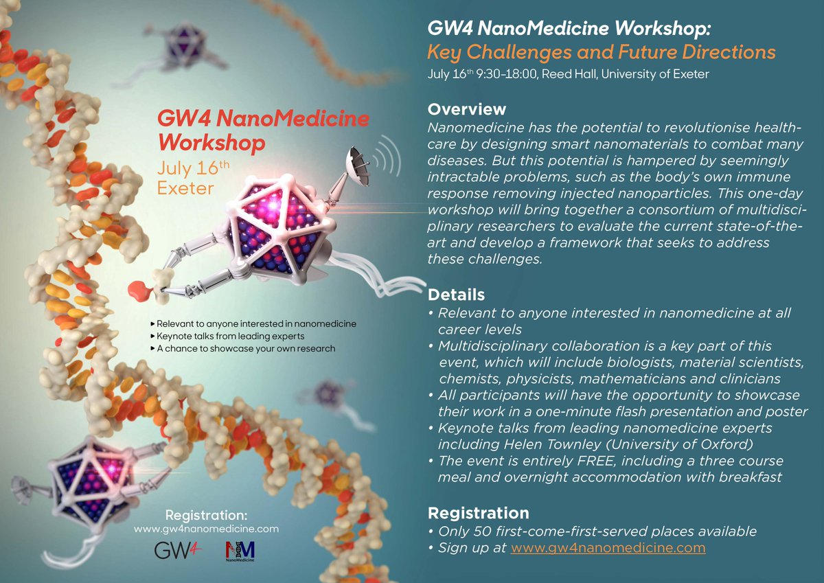 Registration is open for the ‘GW4 Nanomedicine' workshop on 16 July at Reed Hall, <a href="/UniofExeter/">University of Exeter</a>: gw4nanomedicine.com #maths4health