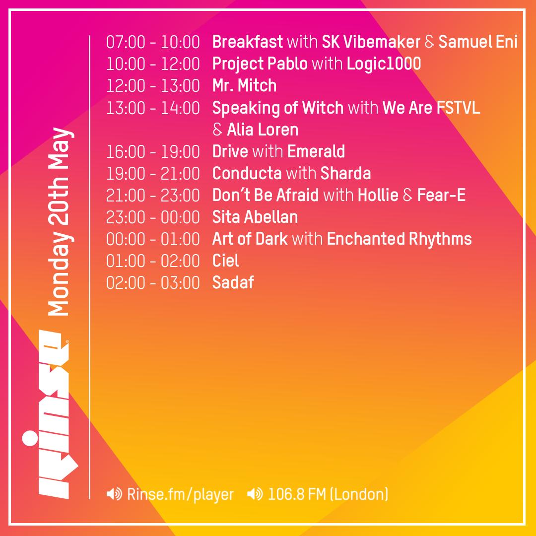 RinseFM's tweet photo. Here's what today looks like on Rinse
@SamuelEnii #ProjectPablo @djlogic1000 @mrmitchmusic @elzthewitch @wearefstvl @alialoren @EmeraldRose @ConductaUK @dj_sharda @sitabellan @Art_Of_Dark
on https://t.co/Q0ed1ktSEG & 106.8FM #RinseFM https://t.co/eE24ymfnT0