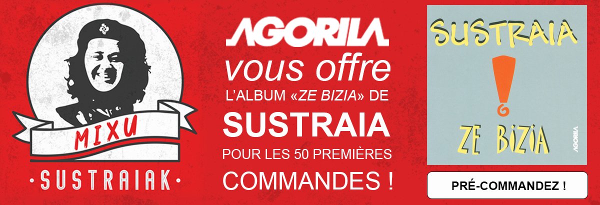 À l'occasion de la sortie imminente de "Sustraiak", le nouvel album de Mixu, <a href="/AgorilaProd/">Agorila Productions</a> offre l'album "Ze Bizia" de Sustraia aux 50 premières commandes.
Pour profiter de la promotion, rendez-vous ici 👇agorila.com/.../rock/1627-…