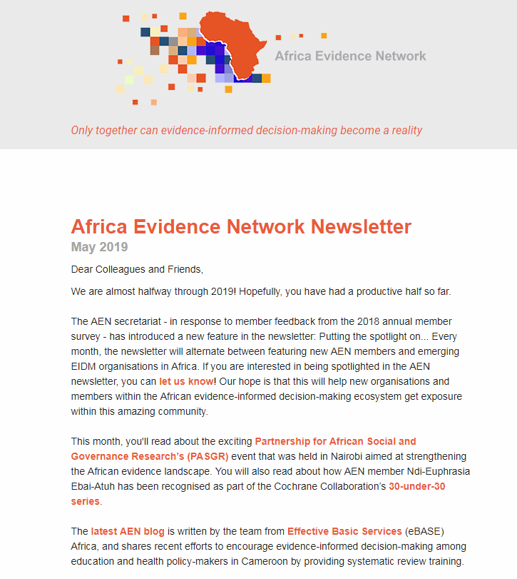 Africa_evidence's tweet photo. May #AENnewsletter is out: https://t.co/LqApAMrZ5J. Read about a @PASGR_ event to strengthen #EIDM in #Africa. #AEN member - @Euphras01426918 was recognised under @cochranecollab’s 30-under-30. Catch: #AENspotlight featuring new #AENmembers or emerging organisations every month! https://t.co/j4eM1uSdeZ