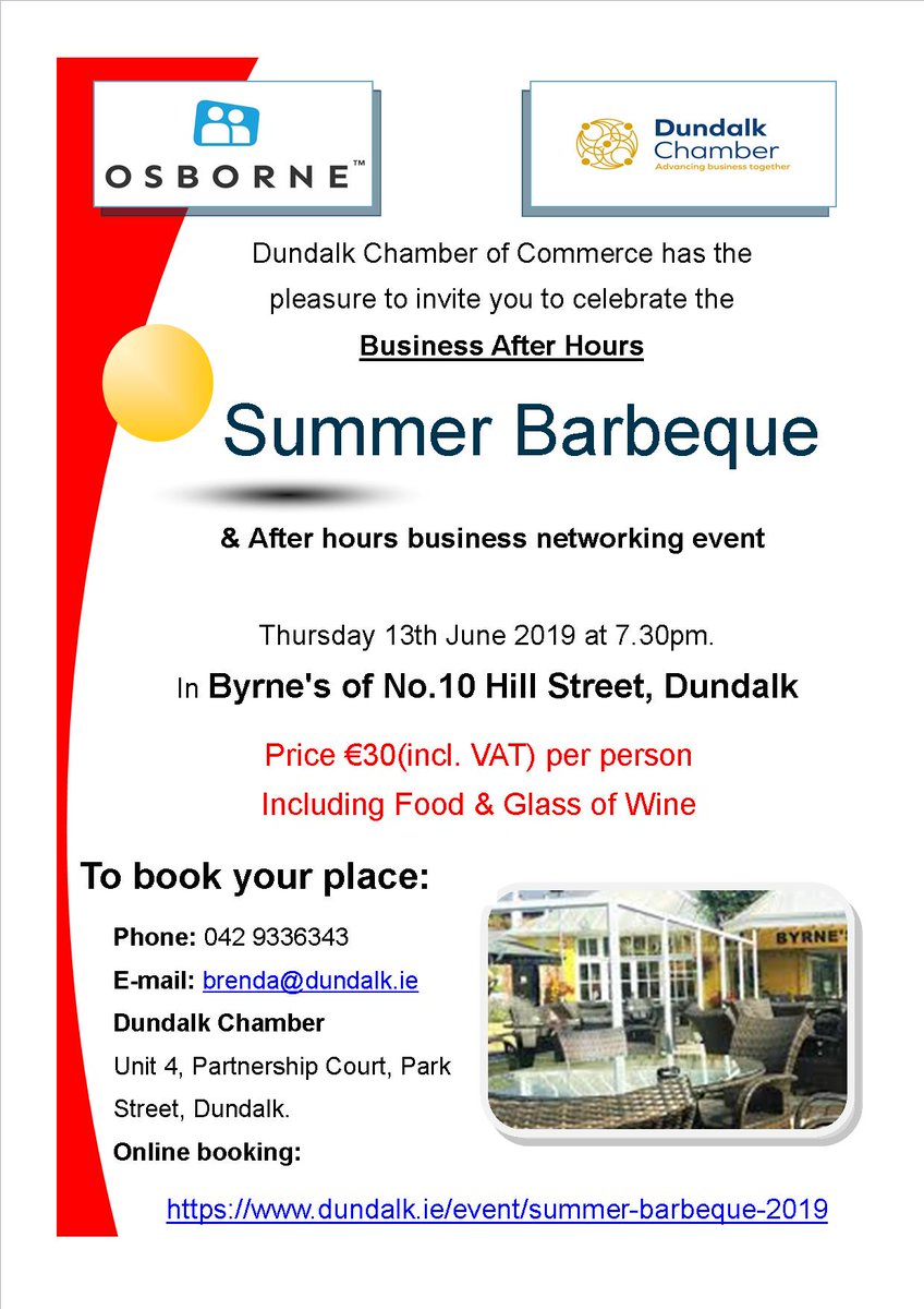 Dundalk Chamber (@dundalkchamber) on Twitter photo <a href="/DundalkChamber/">Dundalk Chamber</a> Business After Hours Summer Barbeque <a href="/Byrnes/">Byrnes</a> Pub Hill St Dundalk Thursday 13th June at 7.30pm To book call Brenda on 042 9336343 or email brenda@dundalk.ie #business #networking #events #dundalk #LouthChat #LEOLouth <a href="/DundalkChamber/">Dundalk Chamber</a> Business After Hours Summer Barbeque <a href="/Byrnes/">Byrnes</a> Pub Hill St Dundalk Thursday 13th June at 7.30pm To book call Brenda on 042 9336343 or email brenda@dundalk.ie #business #networking #events #dundalk #LouthChat #LEOLouth