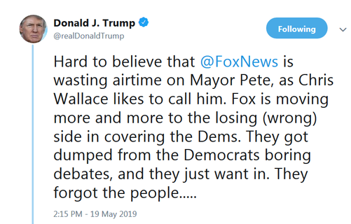 FreedomFriesInc's tweet photo. No one does "revenge is a dish best served cold" like @realdonaldtrump.
I see this as (part of) the payback for FOX opting to call the midterm results while the West Coast was still voting on 11/7/18.
Protip: don't get on the wrong side of this man. #HeFights https://t.co/VhGBFrAB1g