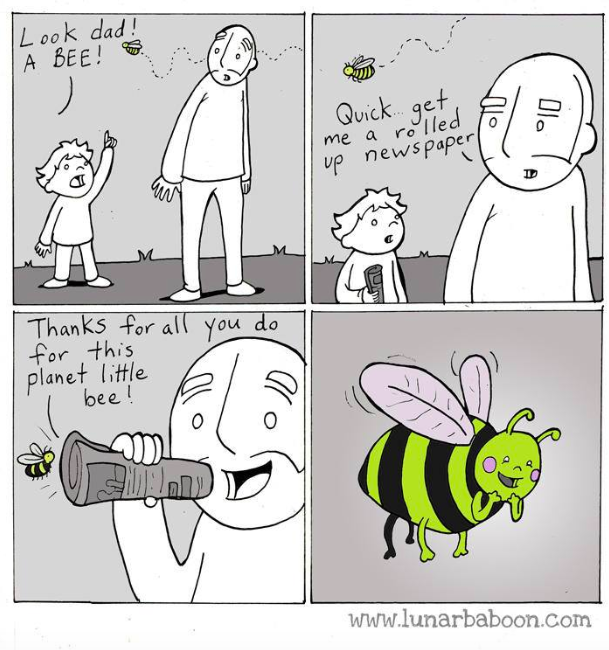 Greenpeace's tweet photo. The only right thing to do when you see a bee -- 🐝 Bee grateful 🐝
#WorldBeeDay

🎨: @Lunarbaboon https://t.co/ztWRUQuJMT