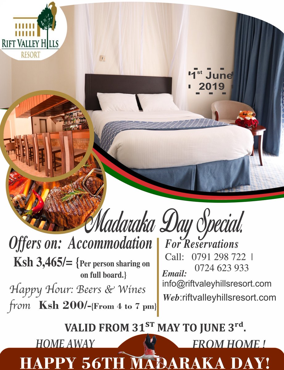 rifthills's tweet photo. Madaraka Day comes early @ RIFT Valley HILLS Resort make your reservations, meet with friends and have a good time. 🇰🇪🍹🍺🧳🍷🍛🍻
Directions - https://t.co/varln4tv5w
#kenyaat56 #madarakacelebrations #rifthills #safari #baringo #offers #accomodation #bestintown https://t.co/zl8Q8jLoyO