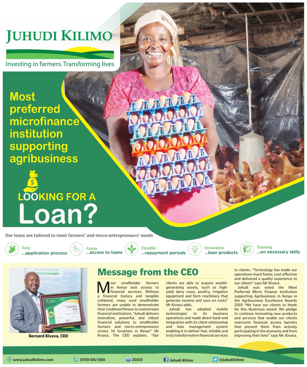 juhudikilimo's tweet photo. We were voted as the most preferred micro-finance institution supporting agriculture in Kenya in the @aeawardske read more on the Fridays' @BD_Africa  newspaper. https://t.co/7yp4vyHe0b