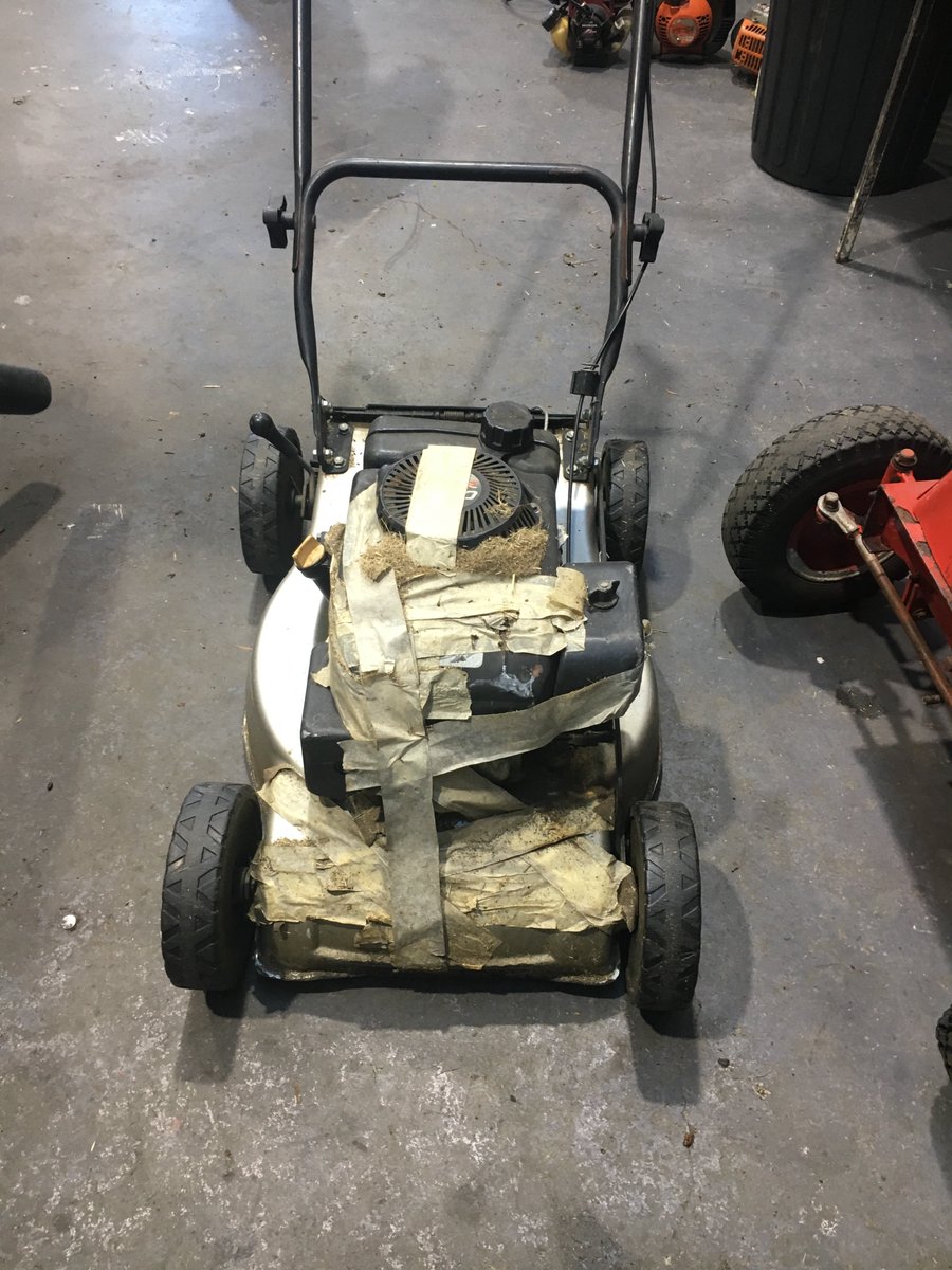 roveraus's tweet photo. We spotted this beauty recently, coming in for a service...

Love the running repairs but we think it might be time for this bloke to invest in a new lawn mower!

If anyone can beat this for a classic DIY mower repair we'd like to see it! https://t.co/U2xwqSf7FA
