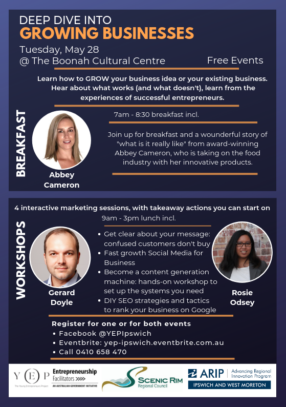 Taking QSBW to the regions. Come join Y(E)P Ipswich, Tues 28, with 2 free events in Boonah #QSBW2019 #QLDsmallbiz
1. Brekkie &amp; Growing a Business bit.ly/2WVks7l ☕️
2. Interactive Marketing workshops x 4 bit.ly/30x0ulC 📈@ScenicRimRC @AdvanceQld @SmallbizchampQ