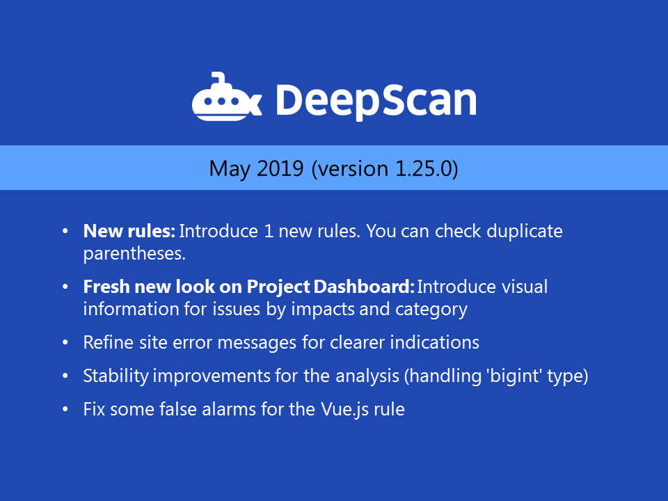 deepscan_io's tweet image. #DeepScan 1.25.0 service released!

✔️ 1 new rules for checking duplicate parentheses
✔️ Fresh new look on Project Dashboard
✔️ Fix some false alarms for #Vuejs rule

Please visit here: deepscan.io/docs/updates/2…
#frontend #JavaScript #webdev #React #CodeNewbie #GitHub #marketplace
