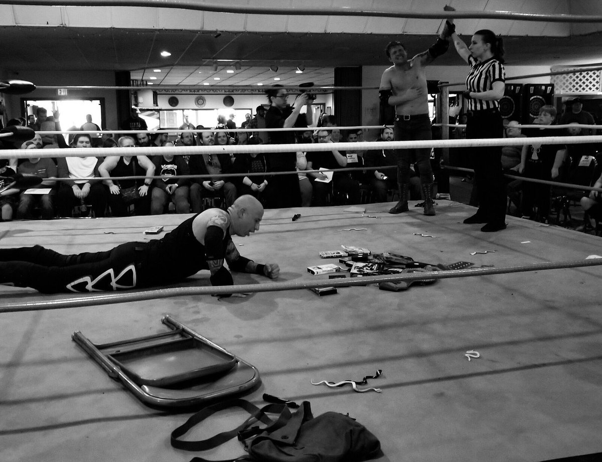 ImSteveMigs's tweet photo. Tonight @ThePitfallJones and I exhanged pleasantries in our match at @WithoutACauseWA. This is the end result of getting hit in the face with video tapes, chairs, trash can lids, and more. Thanks to everyone that came out...except those that brought tapes. #WACMusic #PitfallWon https://t.co/9kEMTcj2Pt