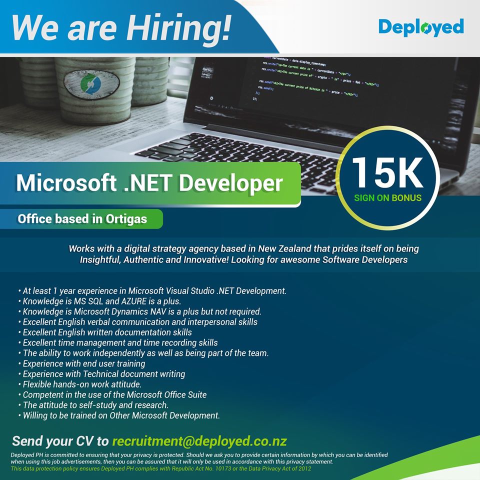 DeployedP's tweet image. Work as Microsoft .Net Developer to a Microsoft Gold ERP partner based in Australia! Send your CV &amp;amp; portfolio to recruitment@deployed.co.nz if you're interested! 
#DeployedPH