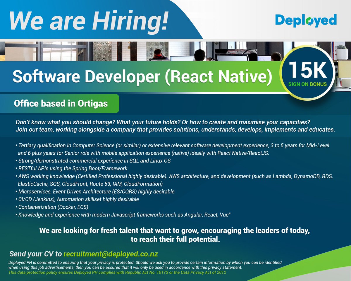 DeployedP's tweet image. Join our growing team as we're looking for Software Developer (React Native)! 
If you're interested, kindly send your CV &amp;amp; portfolio to recruitment@deployed.co.nz
#DeployedPH