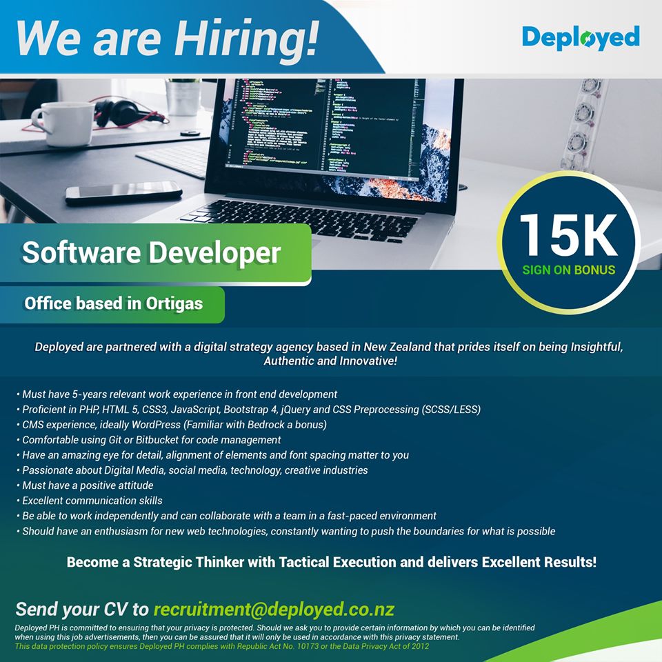 DeployedP's tweet image. Deployed is partnered with a digital strategy agency based in New Zealand that prides itself on being Insightful, Authentic and Innovative!
Looking for awesome Software Developer 
Office based in ORTIGAS
Send your CV &amp;amp; portfolio to recruitment@deployed.co.nz
#DeployedPH