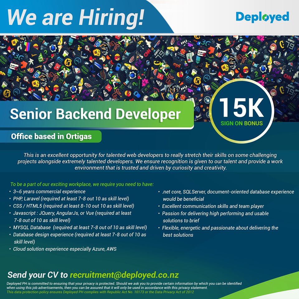 DeployedP's tweet image. Looking for Senior Backend Developer!!
Our partner is one of New Zealand's premier mobile app development companies. They develop apps for some of NZ's as well as the world's biggest brands.
Send your CV &amp;amp; portfolio now to recruitment@deployed.co.nz #DeployedPH