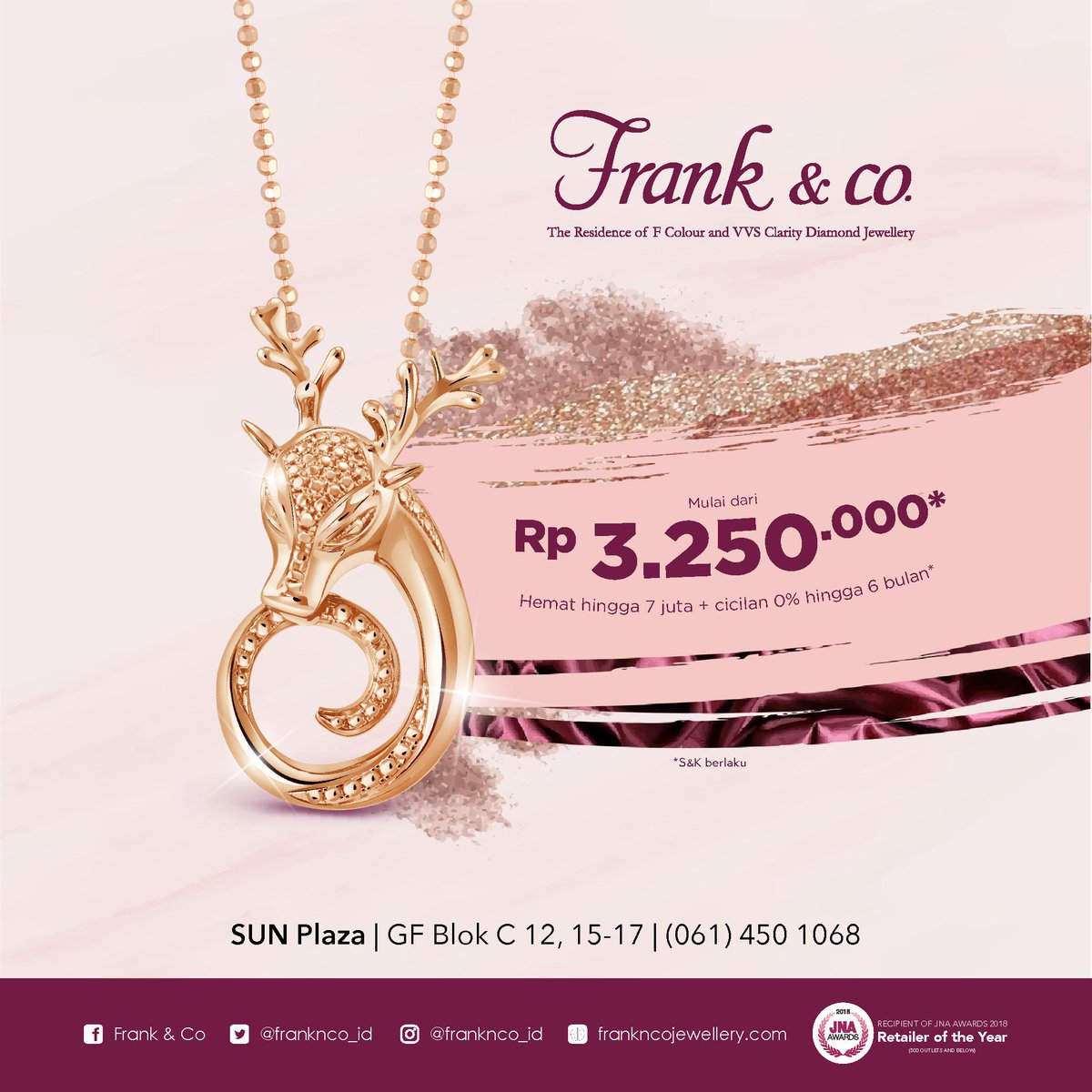 SUN_PLAZA's tweet image. Jadikan bulan yang spesial ini makin berkilau dengan memakai liontin cantik berbentuk rusa dari Frank &amp;amp; co. 
.
Anda bisa memilikinya dengan penawaran menarik hanya di Frank &amp;amp; co. Sun Plaza.

#PromoRamadanSunPlaza
#ColourfulRamadhan
#SunPlaza