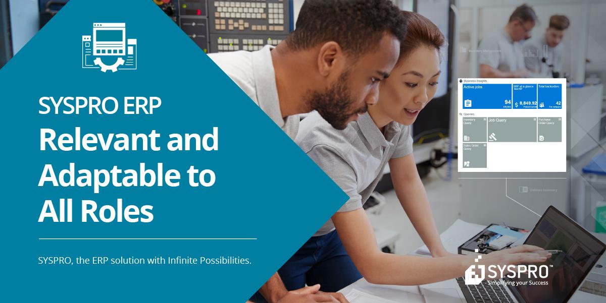 SYSPRO's tweet photo. SYSPRO ERP is relevant to, & adapts to, every user within your organization. Users have one view of everything they need in order to operate in their environment & to perform in their particular role https://t.co/wpJiZxMGk0 #PersonalizeYourWorkspace #PersonallyYours #AdaptableERP https://t.co/BfCIt2STmC