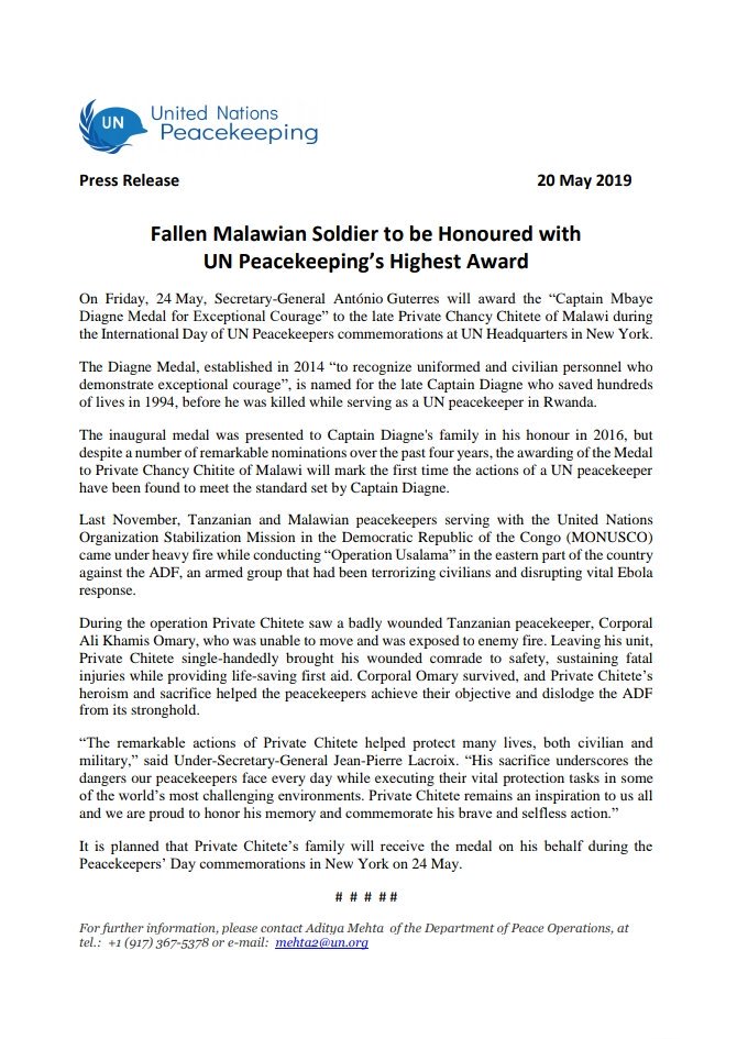 Fallen #Malawi Soldier to be Honoured with <a href="/UN/">United Nations</a> Peacekeeping's Highest Award. Bravery sacrificed his life to save badly wounded #Tanzanian soldier who was unable to move amid enemy fire. Private Chitete single-handedly brought his comrade to safety but sadly lost his life
