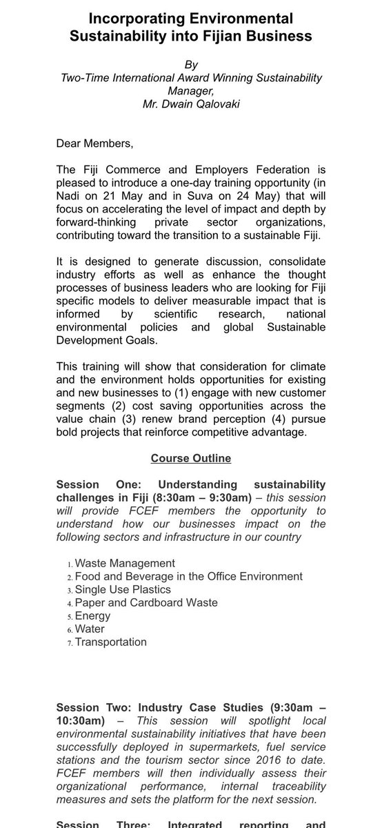 Dwain_Qalovaki's tweet photo. 30 corporate leaders from the largest companies are attending a @fcef_fiji event to share successes, inspire & benchmark then agree on 7 environmental sustainability areas for Fijiβs private sector; translating national policies & scientific research into action #KeepFijiClean https://t.co/46ChWE00xA