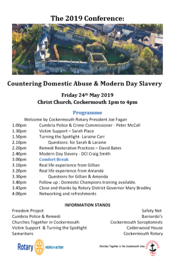 cumbriapfcc's tweet photo. Invitation to Cockermouth Rotary's annual conference ‘Countering Domestic Abuse and Modern Day Slavery’ in partnership with Churches Together, Victim Support and Cumbria Constabulary on Friday 24th May 2019 at Christ Church, Cockermouth 1pm to 4pm? For info contact 01768217734 https://t.co/5Y8jNdihCI