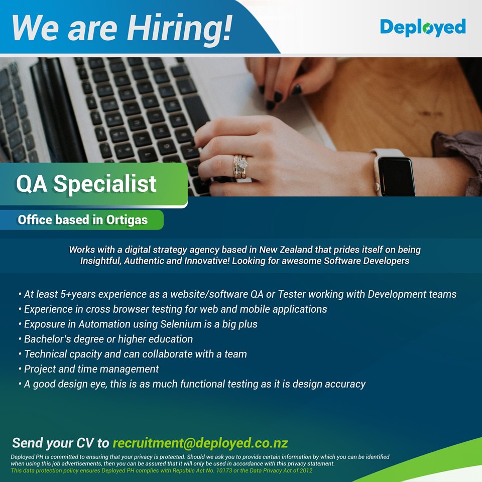 DeployedP's tweet image. Deployed is partnered with a digital strategy agency based in New Zealand that prides itself on being Insightful, Authentic and Innovative!
Looking for awesome QA Specialist
*Office based in Ortigas
Send your CV &amp;amp; portfolio to recruitment@deployed.co.nz
#DeployedPH