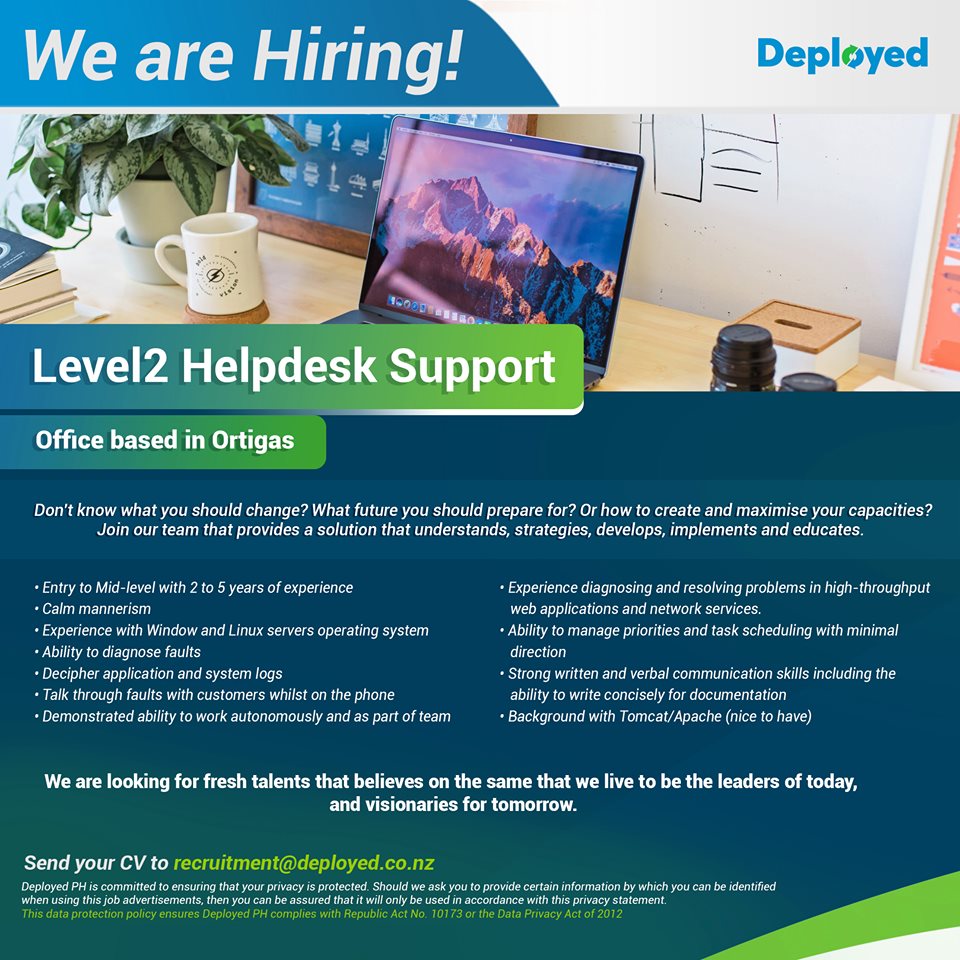 DeployedP's tweet image. Join our team! We're looking for L2 Helpdesk Support.

Send your CV &amp;amp; portfolio to recruitment@deployed.co.nz

Good luck guys!

#DeployedPH