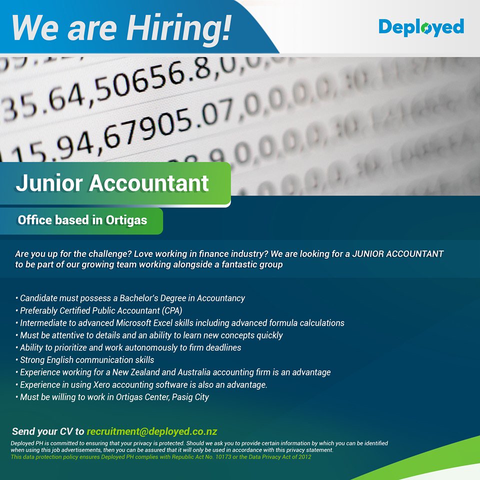 DeployedP's tweet image. Are you up for the challenge? Love working in the finance industry?
If you are, hurry up and send your CV to recruitment@deployed.co.nz as we're looking for Junior Accountants!
#DeployedPH
