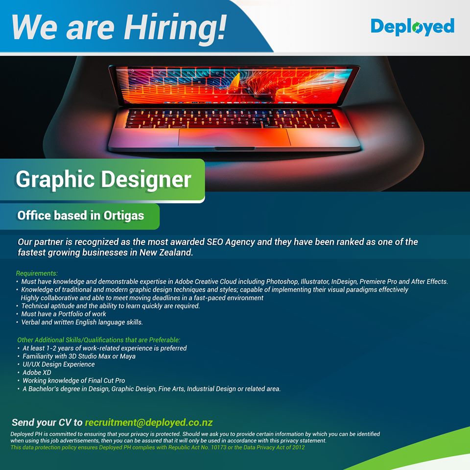 DeployedP's tweet image. Our partner is recognized as the most awarded SEO Agency and they have been ranked as one of the fastest growing businesses in New Zealand.
Looking for awesome GRAPHIC DESIGNER.
*Office based in ORTIGAS
Send your CV to recruitment@deployed.co.nz
Good luck guys! #DeployedPH