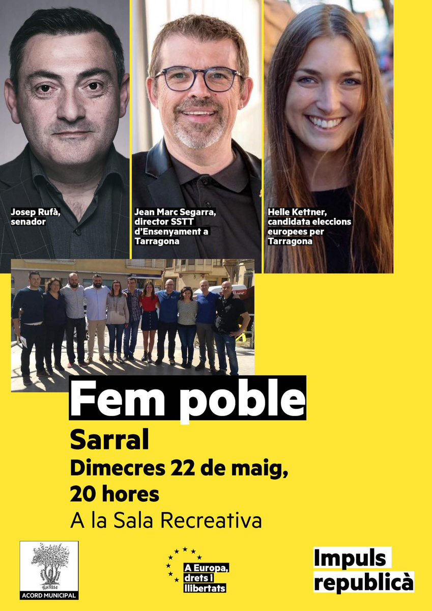 PobleFem's tweet photo. Aquest dimecres, acte central de campanya amb @JosepRufa @jeanmarcsegarra @HelleKettner i tot l'equip de #fempoble
#municipals2019 https://t.co/Ro6l6o9rc6