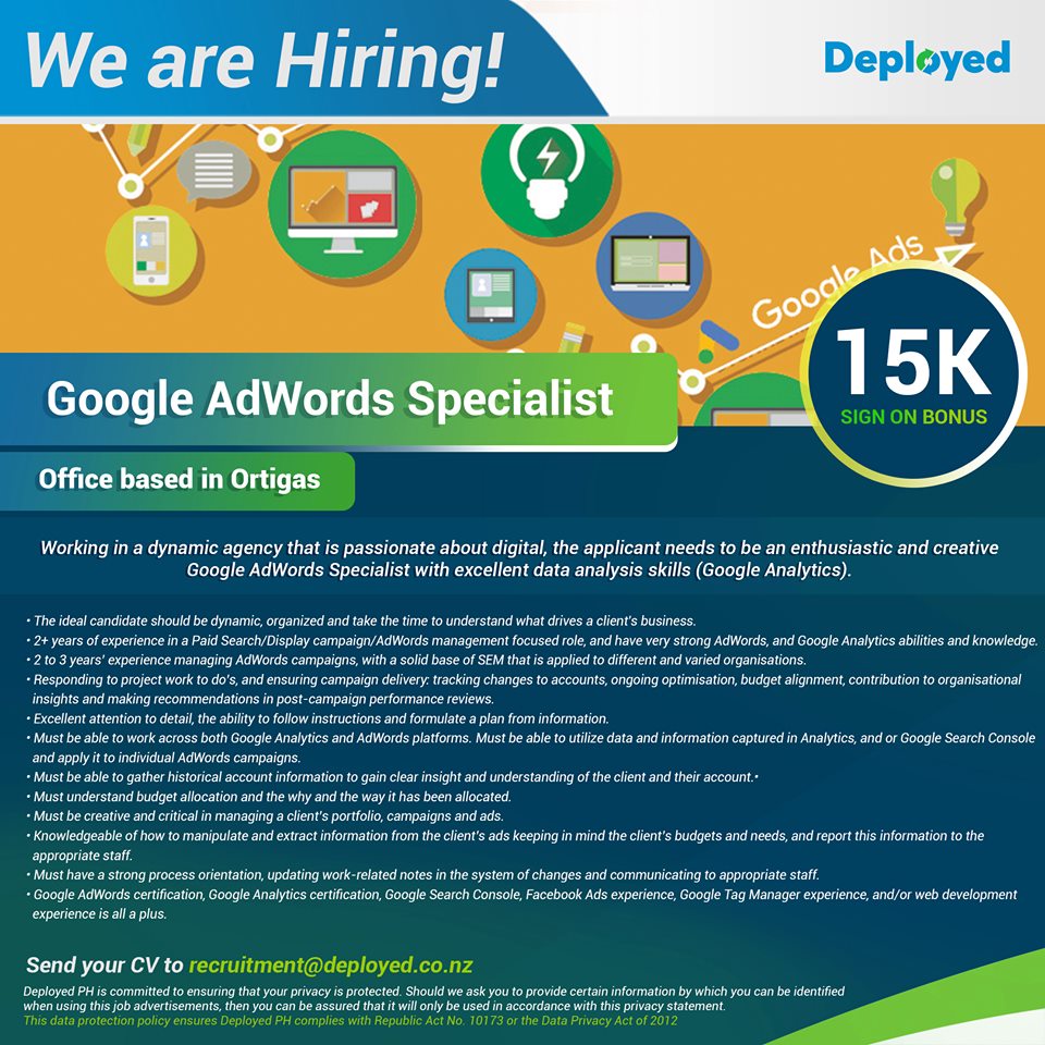 DeployedP's tweet image. We are delighted to present a chance to work alongside one of the best creative analytics agencies in New Zealand! Office based in Ortigas!
We are looking for an amazing Google AdWords Specialist.
Send your CV &amp;amp; portfolio to recruitment@deployed.co.nz
#DeployedPH