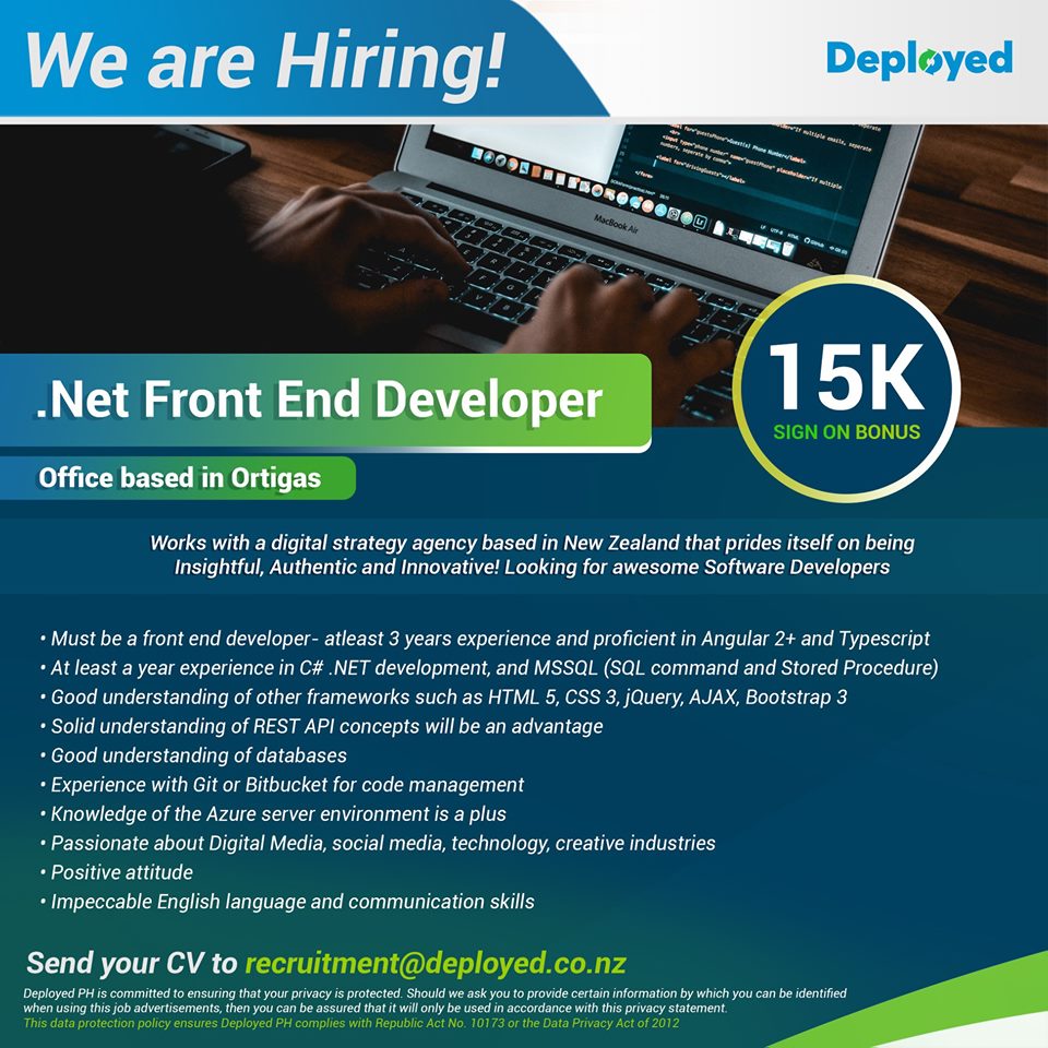DeployedP's tweet image. We're looking for .Net Front End Developer for our Digital Strategy Agency client in NZ!
Please see skills and qualifications needed below. If you have what it takes, 
send your CV &amp;amp; portfolio to recruitment@deployed.co.nz
#DeployedPH