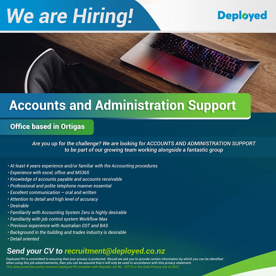DeployedP's tweet image. We're looking for Accounts and Administrations Support to be part of our expanding team! If you're interested, kindly send your CV to recruitment@deployed.co.nz

#DeployedPH