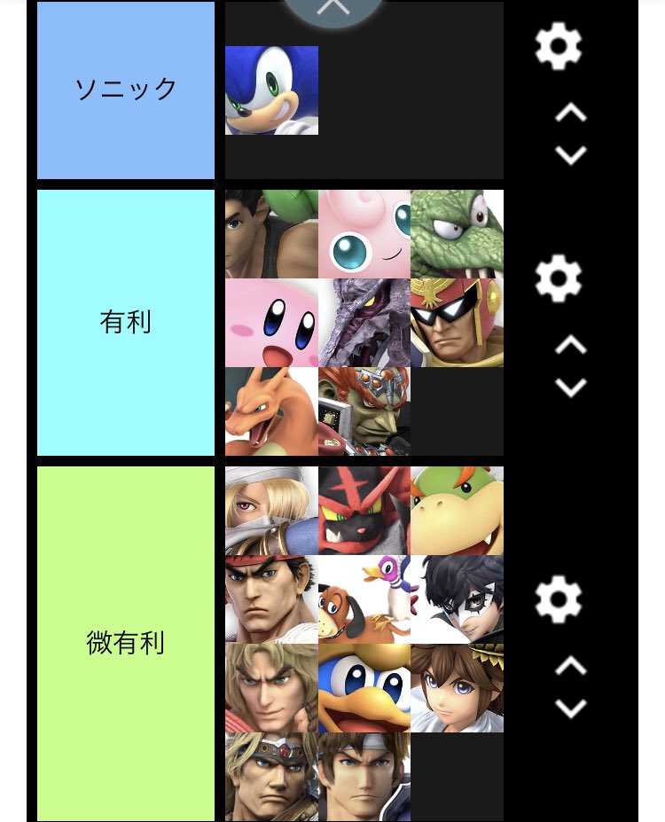 だんごむし先生 No Twitter Ssbu Sonic スマブラsp 現在の俺視点でのソニック相性表 一応左右差あり 右に行くほどきついです 多分言いたいことある部分あるとは思うけど俺はこう思うってだけだから参考程度に