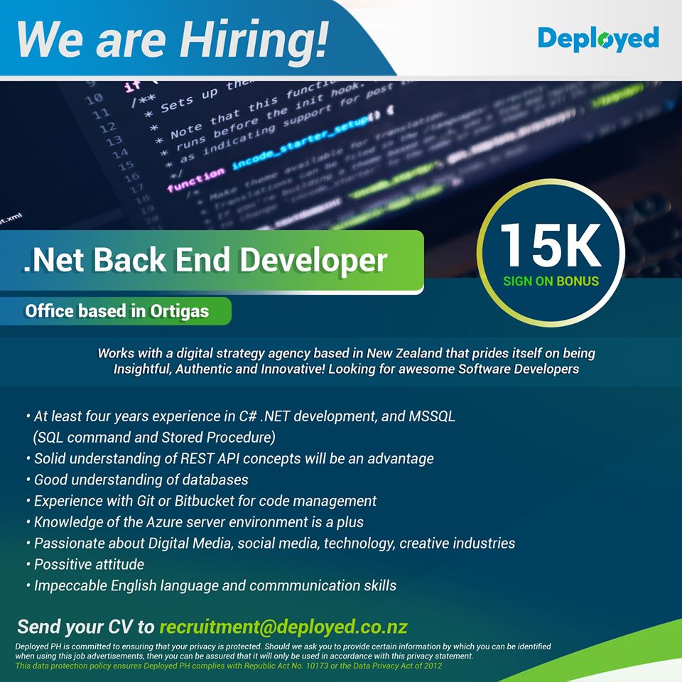 DeployedP's tweet image. Deployed is eyeing for insightful and innovative .Net Back End Developer!!

Be part of our growing team and send your CV now to recruitment@deployed.co.nz 

#DeployedPH