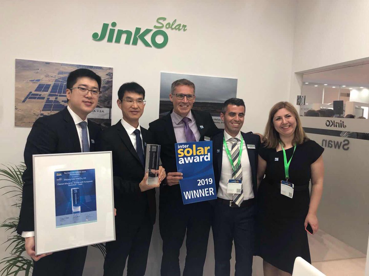 JinkoSolar officially launched “Swan” bifacial module at Intersolar Europe 2019 and won the Intersolar Award 2019.
