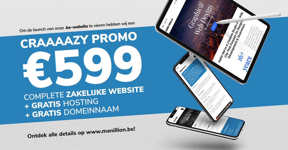 manillionBE's tweet photo. Om de launch van onze .be-website te vieren hebben wij een CRAAAZY PROMO! Een complete zakelijke website, nu slechts voor €599 ALLES INBEGREPEN! 😮

Pak deze promo > https://t.co/BfbY5TOIlM

#zakelijkewebsite #webdesign #website #promo #gratishosting #gratisdomeinnaam https://t.co/f0C7JIMf24
