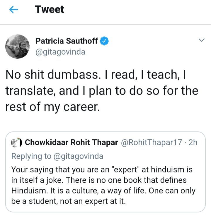 Saatvata's tweet photo. I noticed that I'm blocked by Patricia Southoff, a Western professor of Hinduism/Buddhism/Tantra/Sanskrit who comes across as rather egotistic &amp; abusive. I find it rather ironic that her handle name is Gitagovinda. It's an insult to Jayadeva Kavi, the author of Gitagovindam. https://t.co/47arn6GACV