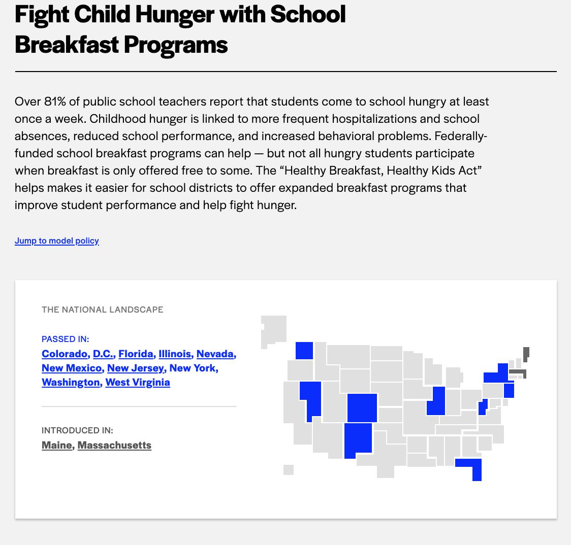 Fight Child Hunger with School Breakfast Programs, a model bill from Future Now