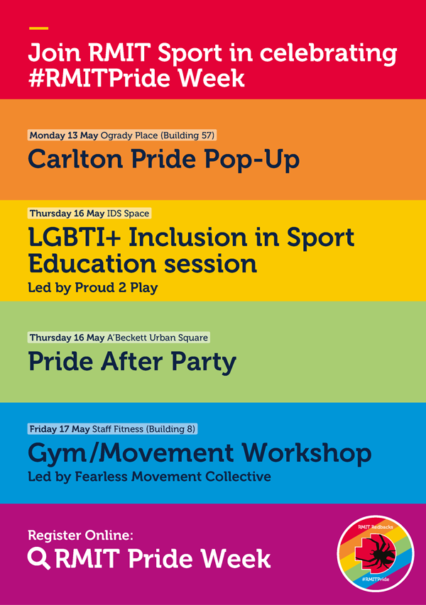 RMITActive's tweet photo. Join RMIT Sport in celebrating #RMITPride Week!
We're holding a series of events and workshops this week, and we'd love to see you there enjoying the fun!
Click here to find the full calendar of @RMIT Pride Week events: https://t.co/4Ch86Rk5yI https://t.co/lWHOFd6PJD