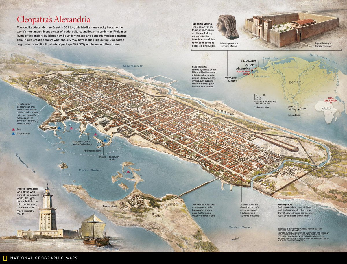 Map of the Day: Founded by Alexander the Great in 331 B.C., this Mediterranean city became the world’s most magnificent center of trade, culture, and learning under the Ptolemies. This recreation from July 2011 shows what Alexandria may have looked like during Cleopatra’s reign.