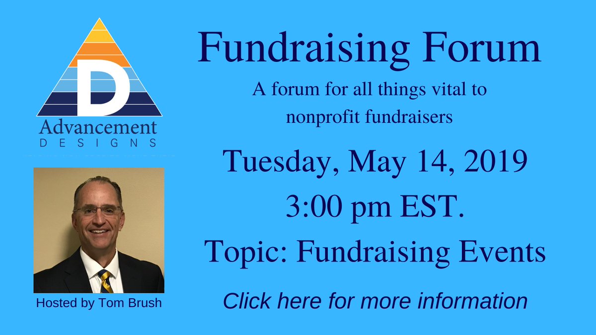 Register for our first Fundraising Forum (Tuesday, May 14, 2019 3 pm est, submit your question, request Spotlight Coaching.
ow.ly/bRkX50u8So6
