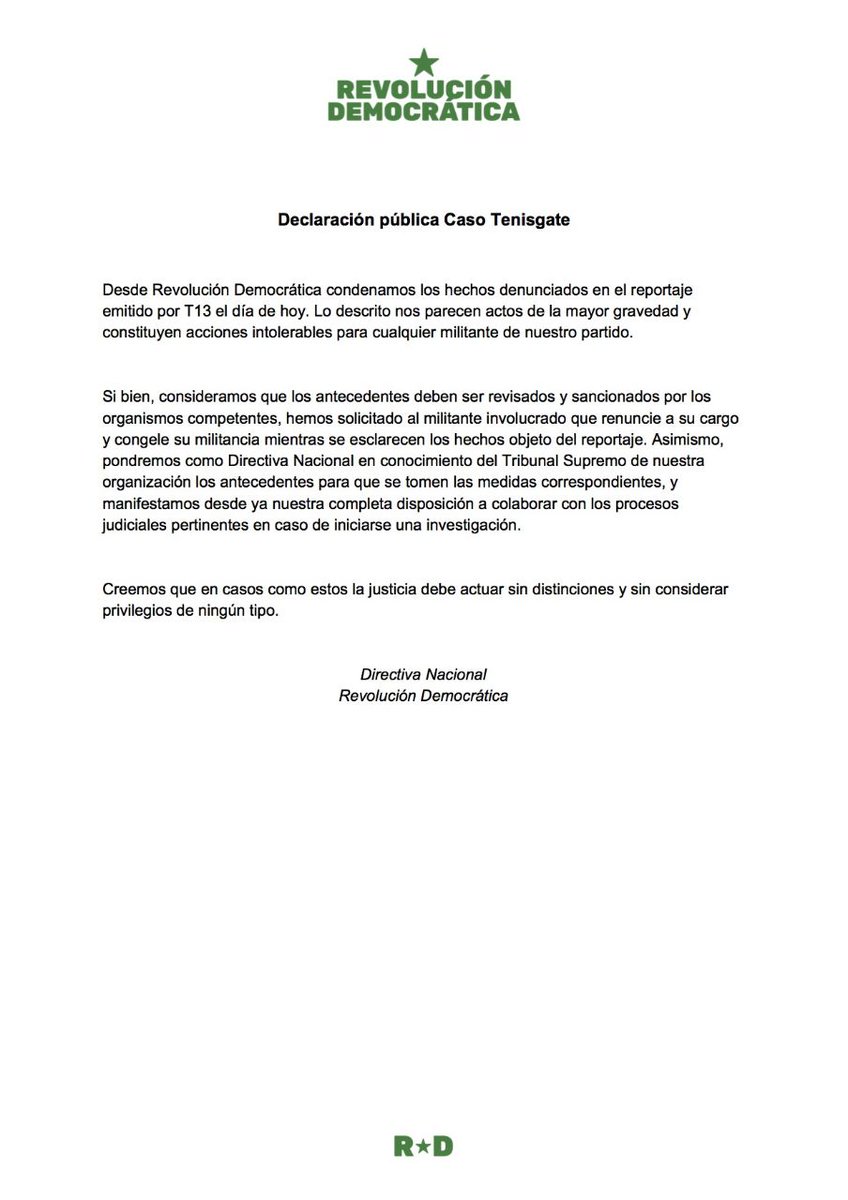 Ante los hechos denunciados el día de hoy por T13 la Directiva Nacional de Revolución Democrática declara lo siguiente