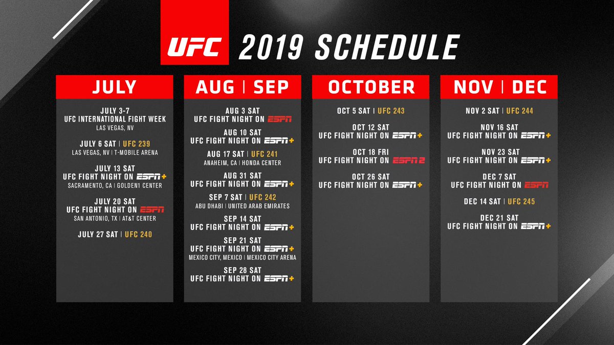 UFC_CA's tweet image. ICYMI: The rest of the 2019 UFC event schedule was released last night during the #UFC237 broadcast! ⬇️⬇️