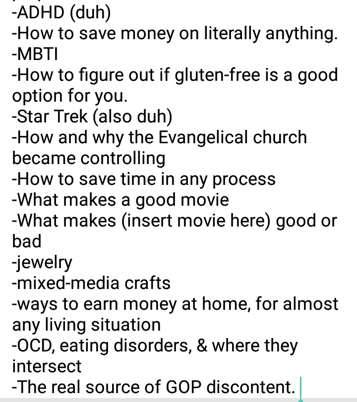 XianJaneway's tweet photo. Things I can talk about for 30 mins w/no prep:
(excluding my kids & my husband)
Tell me if any of these surprise you lol. #ImAnOpenBook https://t.co/fcEayGikCD