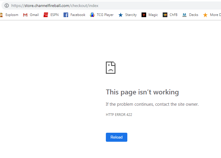 MattFalcioni's tweet photo. @ChannelFireball I am getting this error when attempting to checkout on the store.  Any idea when it will be resolved?  I am looking to get some cards before next weekend and want to be sure they will be here in time. https://t.co/x4meqb3EbC