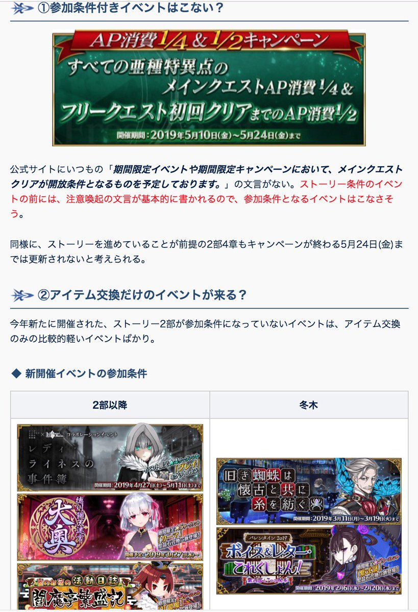 Fgo攻略班 Appmedia En Twitter 次のイベントはいつ来るの問題に関して 来るなら重い条件付きのイベントはなさそう 前回のアプデでいつもの文言がなかった 同様にストーリーも すぐにはこなさそう 冬木条件の軽いイベントはありえる 開催中のミステリー Fgo攻略班 Appmedia En Twitter 次のイベントはいつ来るの問題に関して 来るなら重い条件付きのイベントはなさそう 前回のアプデでいつもの文言がなかった 同様にストーリーも すぐにはこなさそう 冬木条件の軽いイベントはありえる 開催中のミステリー