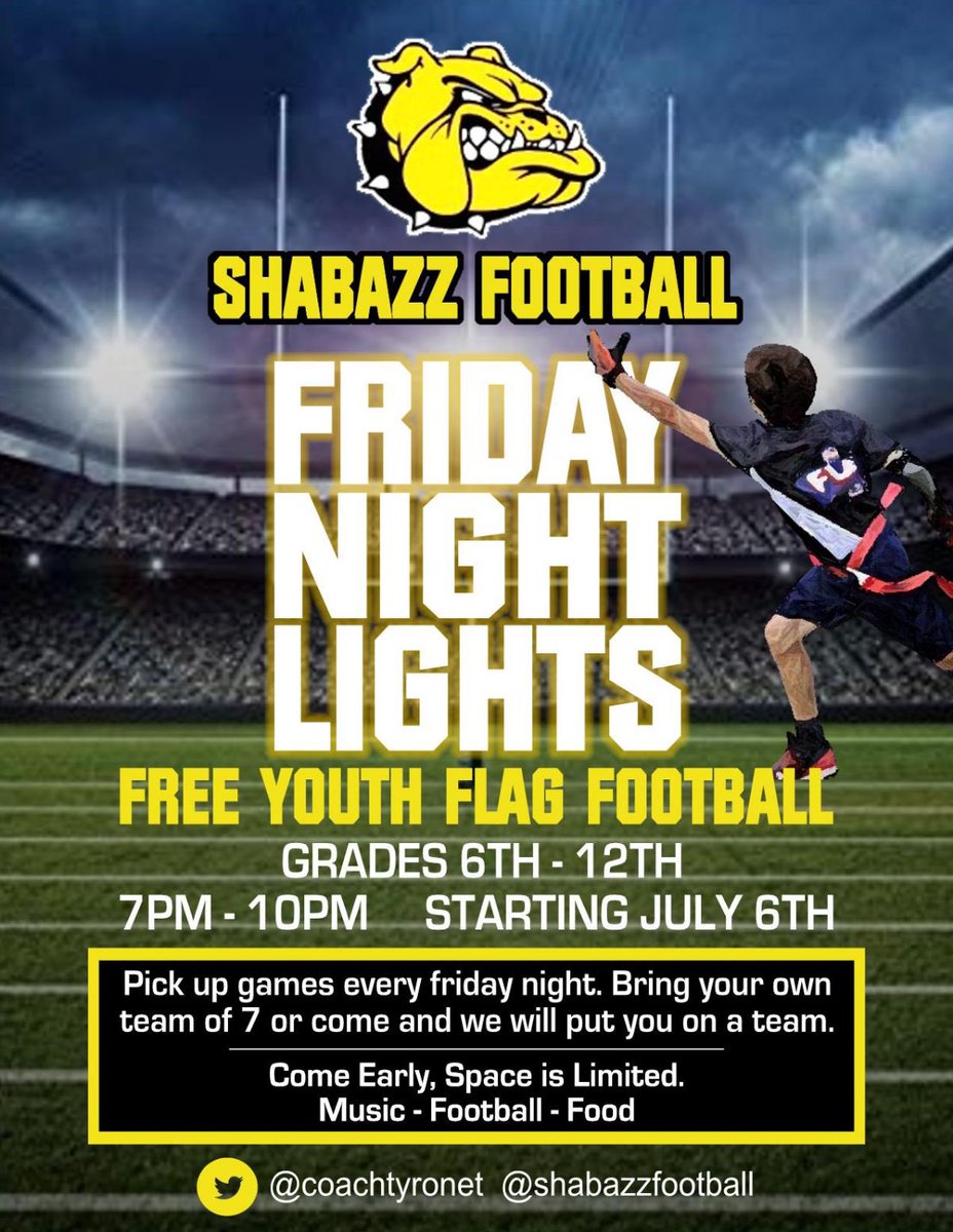 Coach Tyrone Turner 🐶🏈🏉 (@coachtyronet) on Twitter photo RT ——-> Share The information!! 
FREE !! FRIDAY NIGHT LIGHTS ✨⚡️🏈🏉
FREE YOUTH FLAG FOOTBALL
EVERYONE IS WELCOME! 
#FamilyAboveAll 
#Newark
#Community 
<a href="/ShabazzFootball/">Shabazz Football</a> RT ——-> Share The information!! 
FREE !! FRIDAY NIGHT LIGHTS ✨⚡️🏈🏉
FREE YOUTH FLAG FOOTBALL
EVERYONE IS WELCOME! 
#FamilyAboveAll 
#Newark
#Community 
<a href="/ShabazzFootball/">Shabazz Football</a>