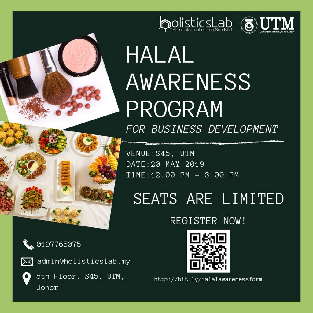 holisticslab's tweet photo. Hi ! To those out there who wants to know more about what is halal, or interest to know about halal field, you can join us for this half-day-program “Halal Awareness”. Scan the qr code to direct link. This program will be held at UTM Skudai, Johor. https://t.co/Pgv9isIbvN