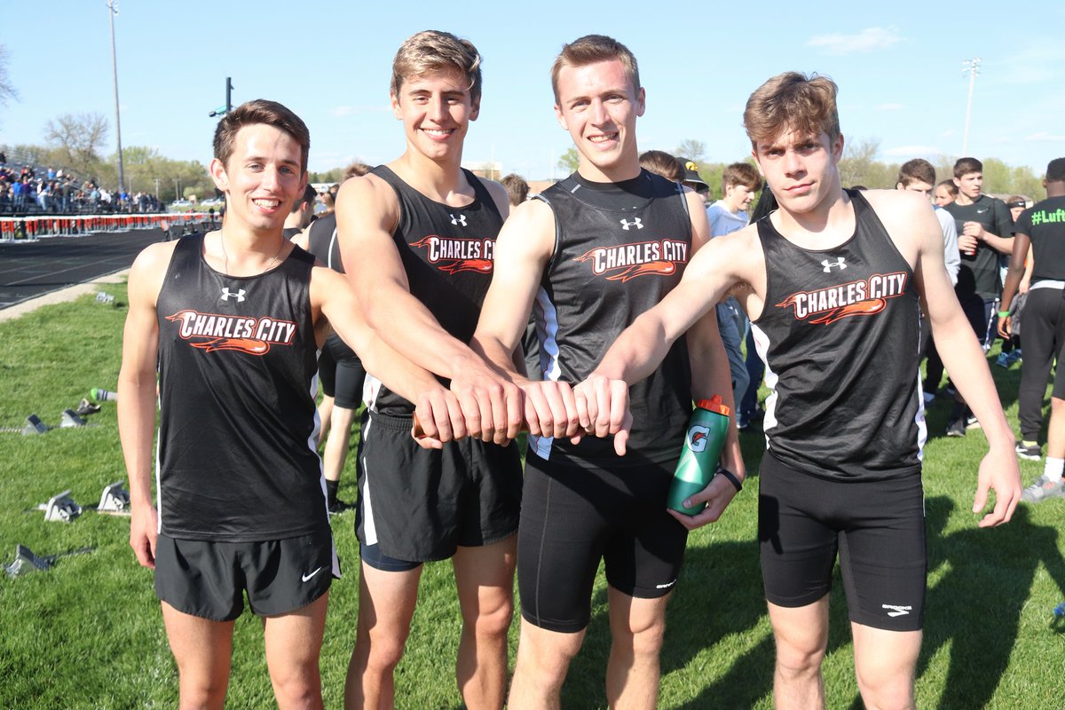 CCPressSports's tweet image. From left, Charles City seniors Mason Deeter, Nick Litterer and Colton Slinger, and freshman Ian Collins celebrate after winning the 4-by-800 relay Friday during the Class 3A track and field state qualifier.
…citypress.ia.siteadmin.newsmemory.com/charlescitypre……to-state-tf-meet/