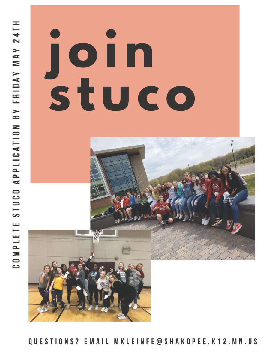 INTERESTED IN JOINING SHS STUCO?  We are accepting applications for the 2019/2020 school year.  Please fill out the application (forms.gle/PWRr4iKgz7ptN7…) by Friday, May 24th, 2019.  All applicants will receive an email if they were accepted or not accepted into STUCO by May 28th.