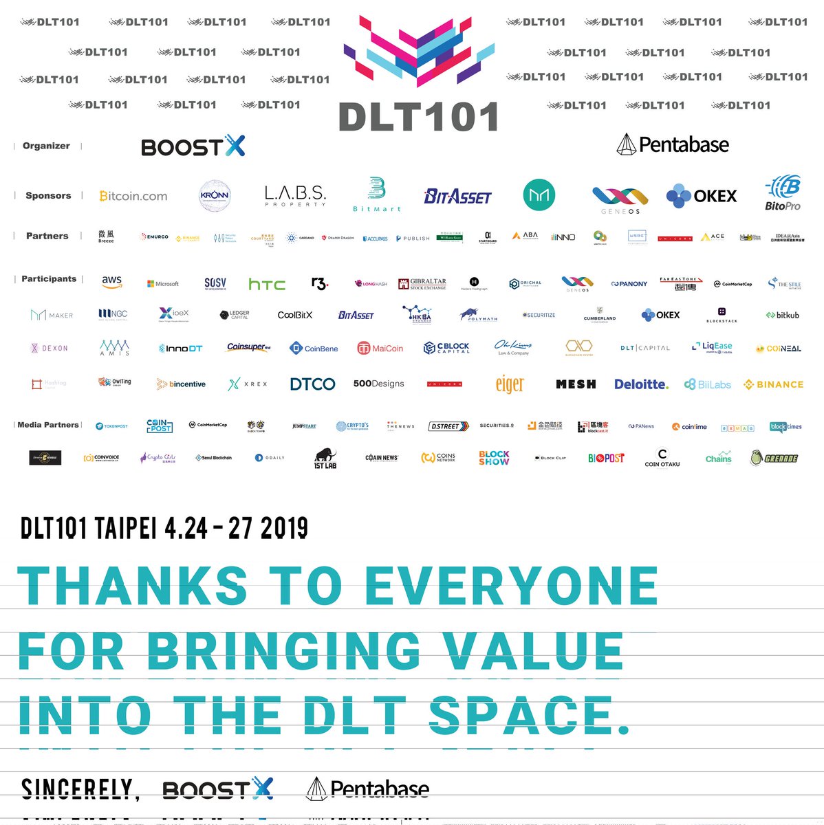 DLT101_io's tweet photo. Thank you for taking your time to join us at DLT101 for bringing value into the DLT space! It was our great pleasure to meet the industry and business leaders from all around the world!

#DLT101 #DLT101Taipei #Taipei #TechSummit #Blockchain #DLT #STO #FinTech #BoostX #Pentabase https://t.co/PXSjj8AEmX