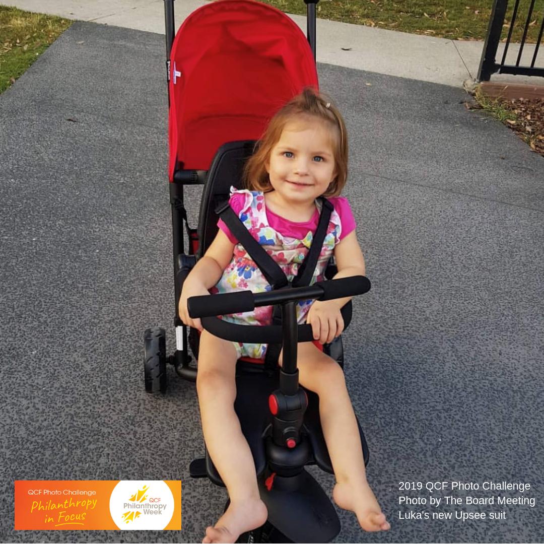 Thank you <a href="/TheBoardMeeting/">The Board Meeting</a> Surf Charity for this delightful 2019 QCF Photo Challenge entry featuring Luka (3) with her new Upsee suit, a mobility device that helps her stand and walk. 
#qcf #qcfphotochallenge19 #dogoodqld #philanthropy #photography #charity #kindness #queensland